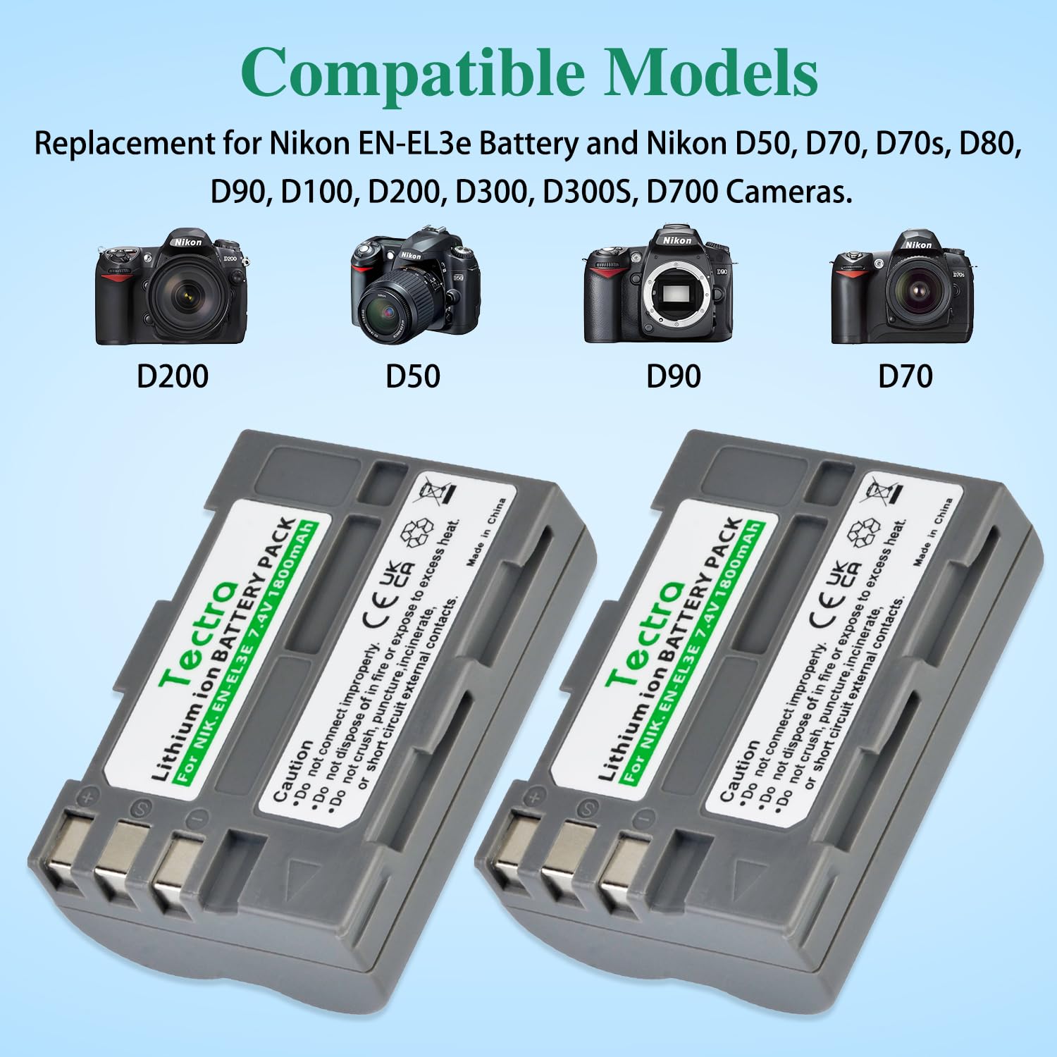 Pack 2 Batteries EN-EL3E + Chargeur Double Pour Nikon D50, D70, D80, D90, D200, D300, D700 - 2200mAh