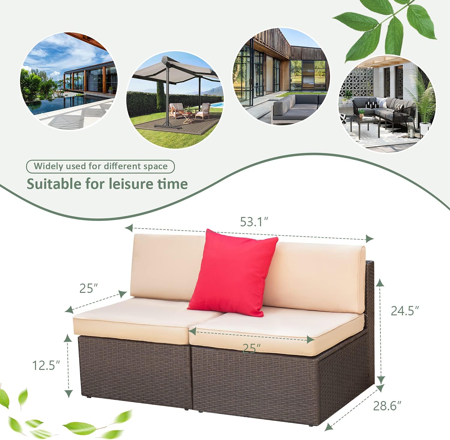 Devoko 2 Pieces Patio Furniture Sets All-Weather Outdoor Sectional Armless Sofa (Beige)