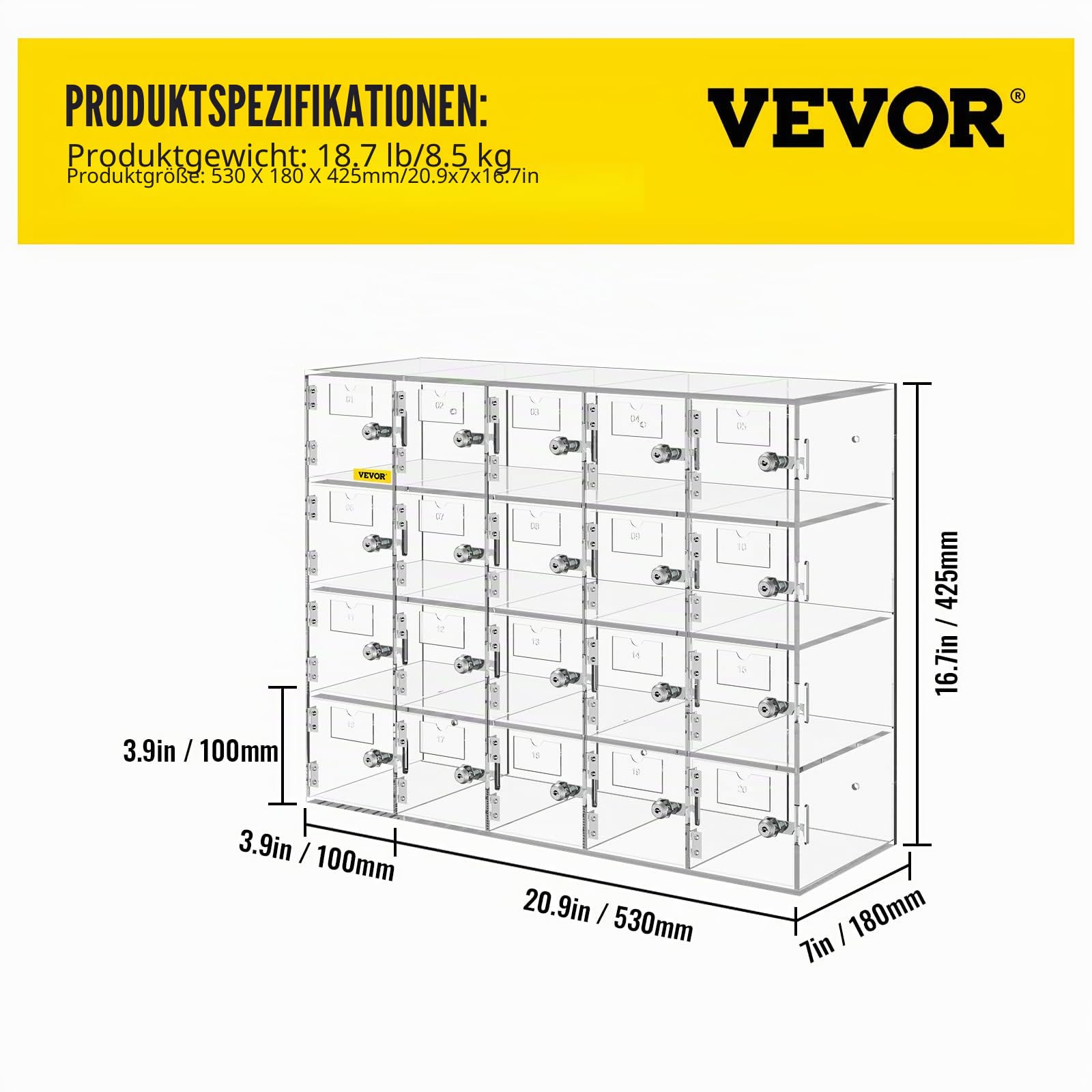 VEVOR Handy-Aufbewahrungsspind, 20 Fächer, Acryl, mit Türschlössern, Wandmontierter Schrank