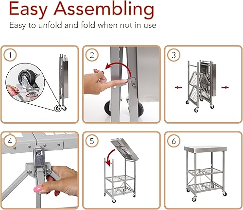 Miniatura 6 de Origami RBT - Carrito plegable para isla de cocina, organizador de mesa de almacenamiento con ruedas, color plateado