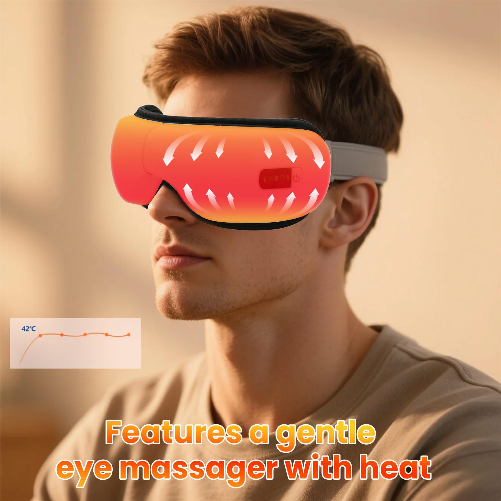 Masajeador ocular con calefacción, máscara de masaje de ojos de 5 modos, música Bluetooth, dispositivo de cuidado ocular plegable 180° para fatiga ocular, ojos secos, ojeras, blanco