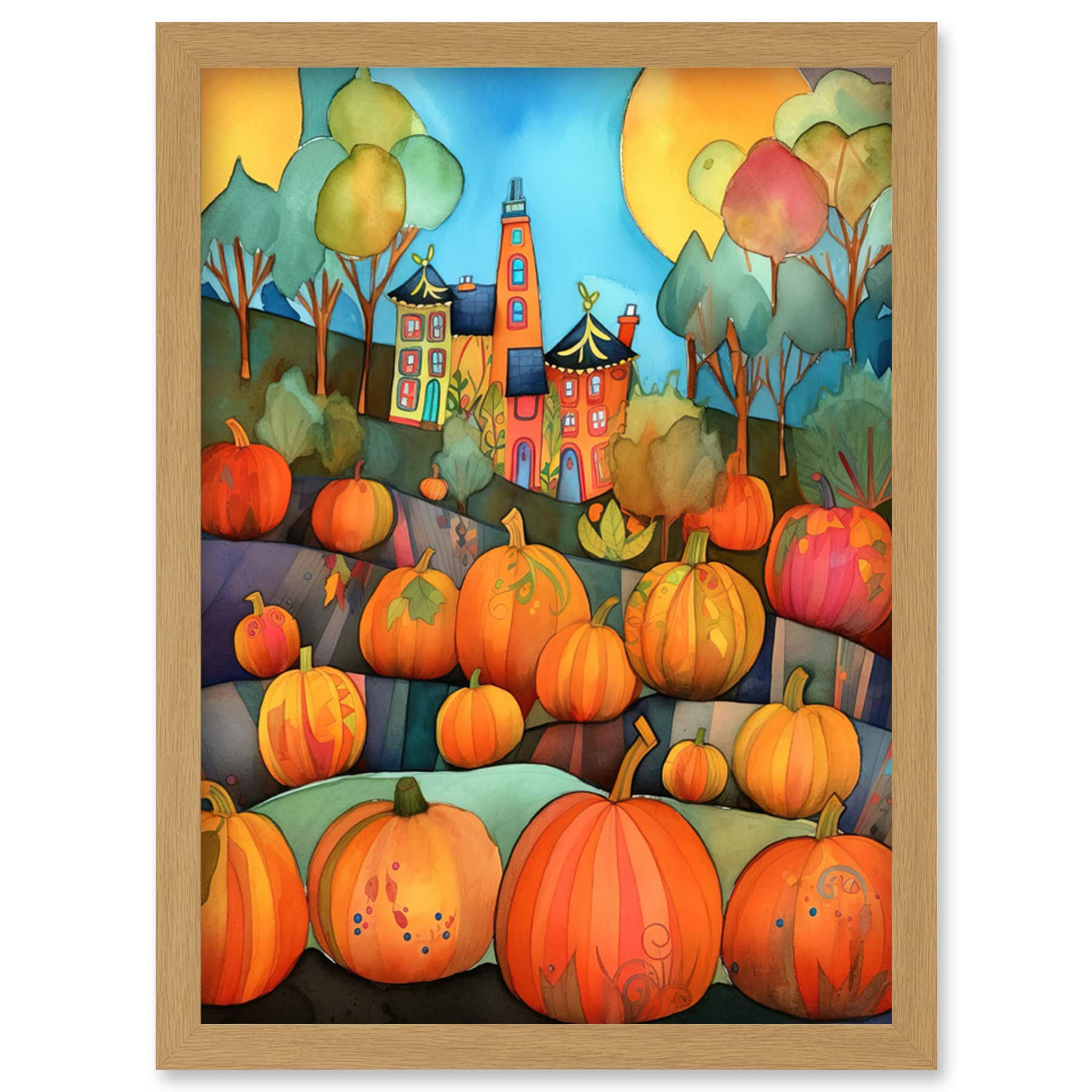 Artery8 Farm House Halloween Pumpkin Patch Modern Folk Art Watercolour Painting Artwork Framed Wall Art Print A4