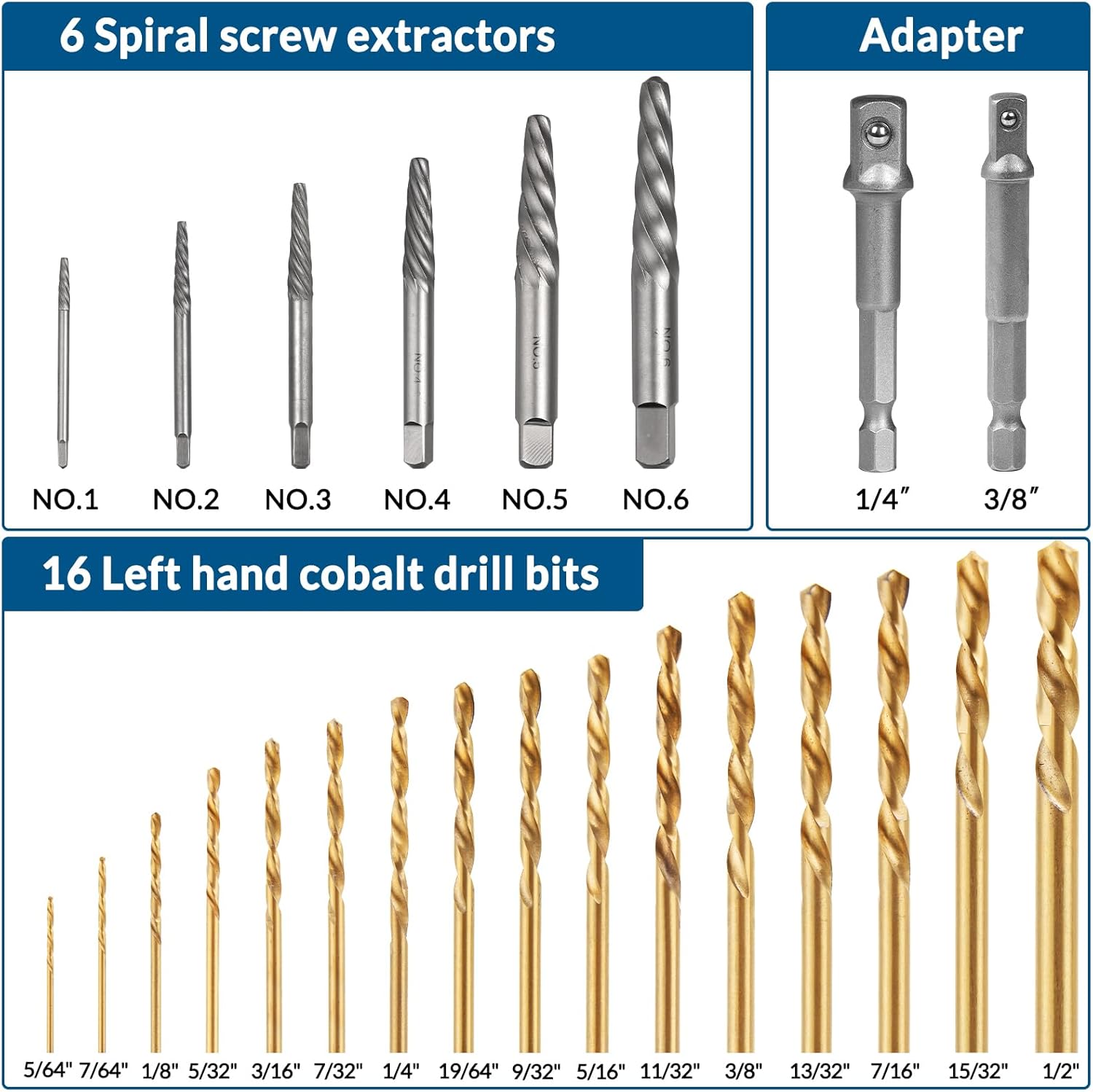 Screw & Bolt Extractor Set and Left Hand Drill Bit Kit,54 PCS Easy Out Stripped Screw Remover with Hex Adapter,Lug Nut Remover for Broken,Damaged,Rusted,Rounded-Off Studs.