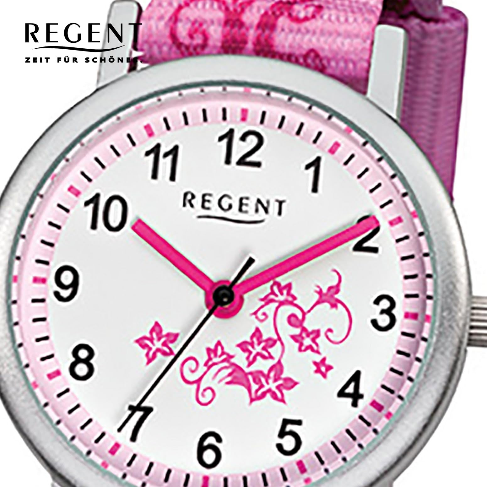 REGENT Kinder-Armbanduhr rosa pink weiß Analog F-727 Textil-Armband URF727 Analoguhr