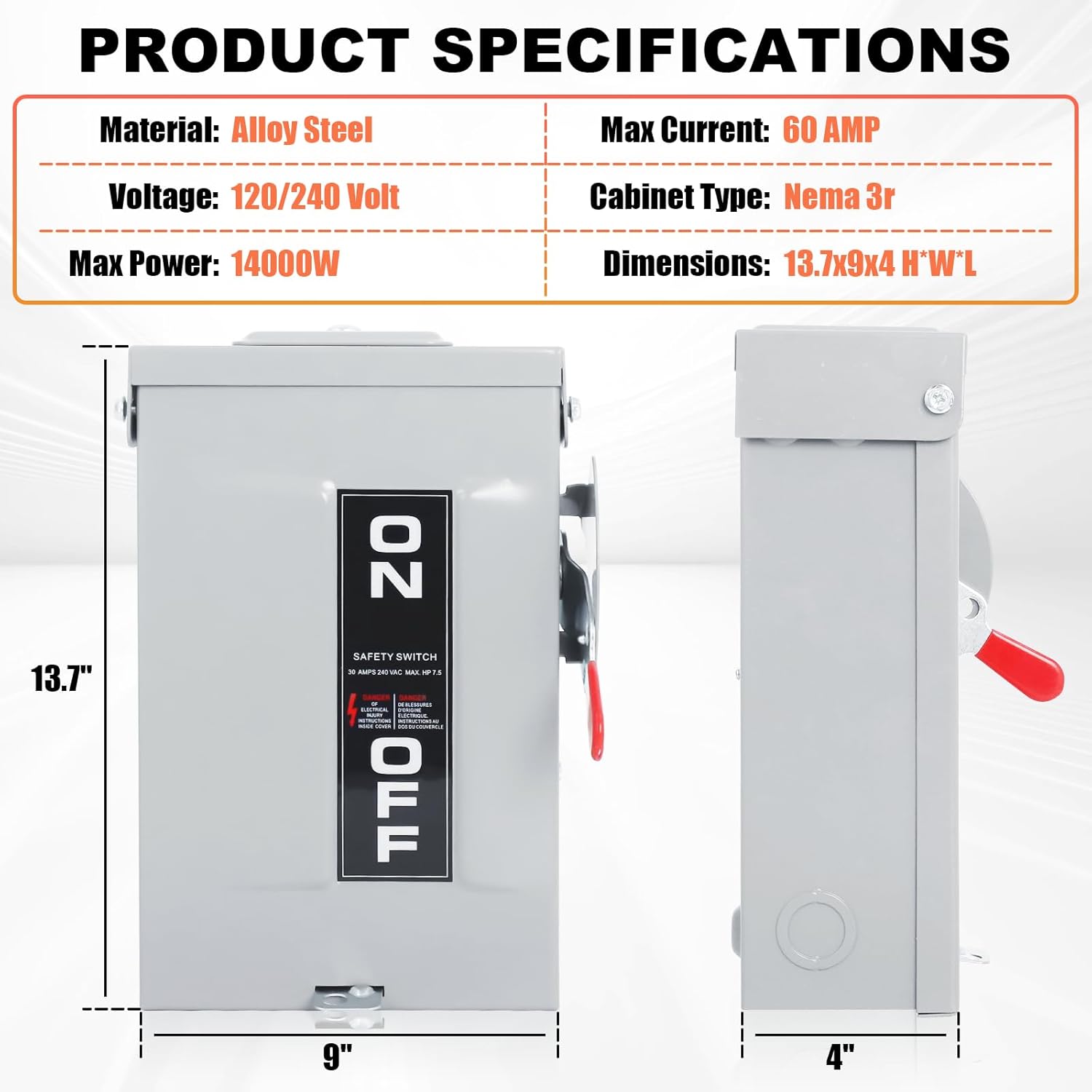 60Amp Disconnect Switch,3 Pole Safety Switch,Indoor&Outdoor,Galvanized Steel，Anti Corrosion and Rust Prevention，Non-Fusible,Meeting NEMA 3R Standards