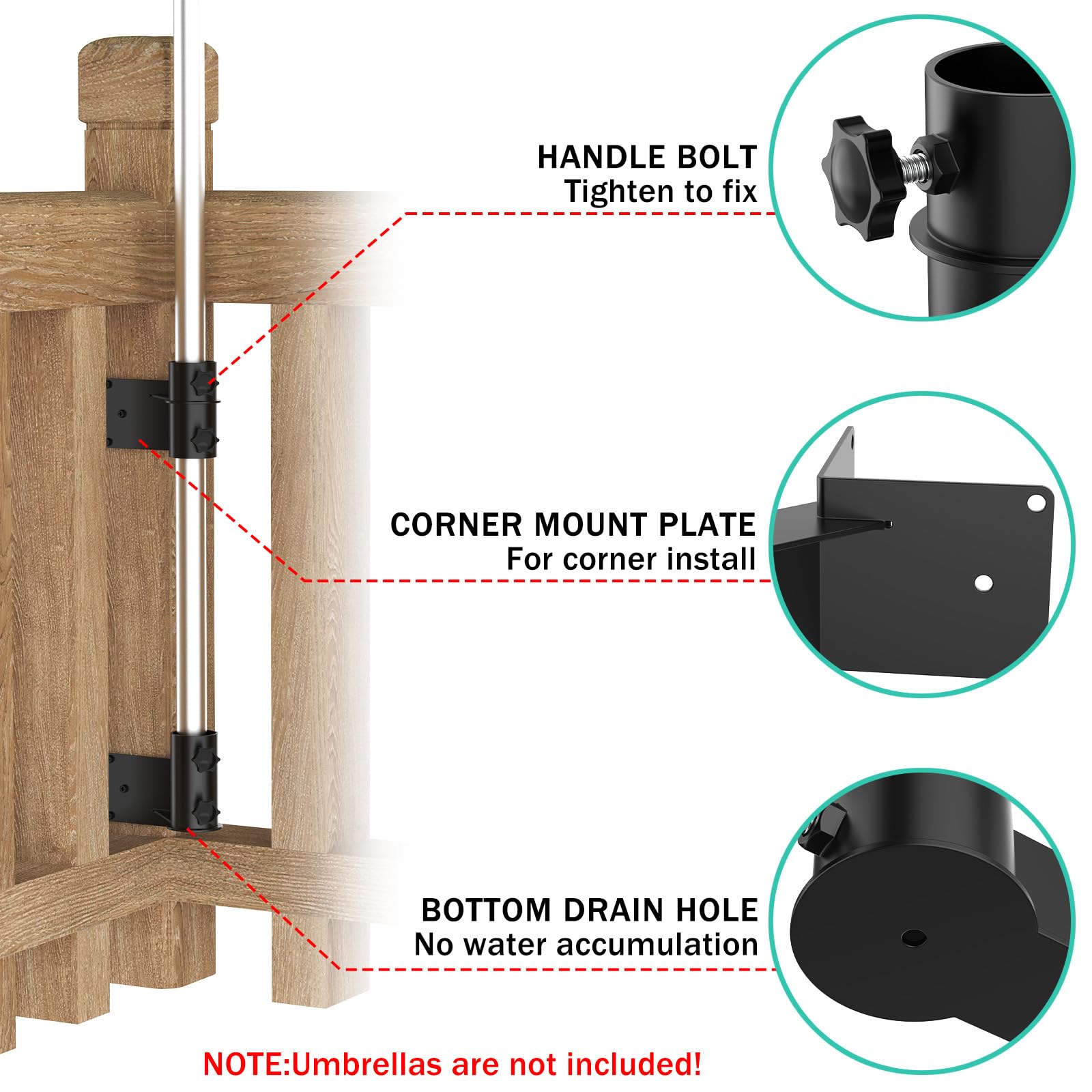 woiron Supporto angolare per ombrellone da patio, in acciaio inox, supporto per ombrellone da giardino, supporto per ombrellone da sole/staffa per ringhiera esterna