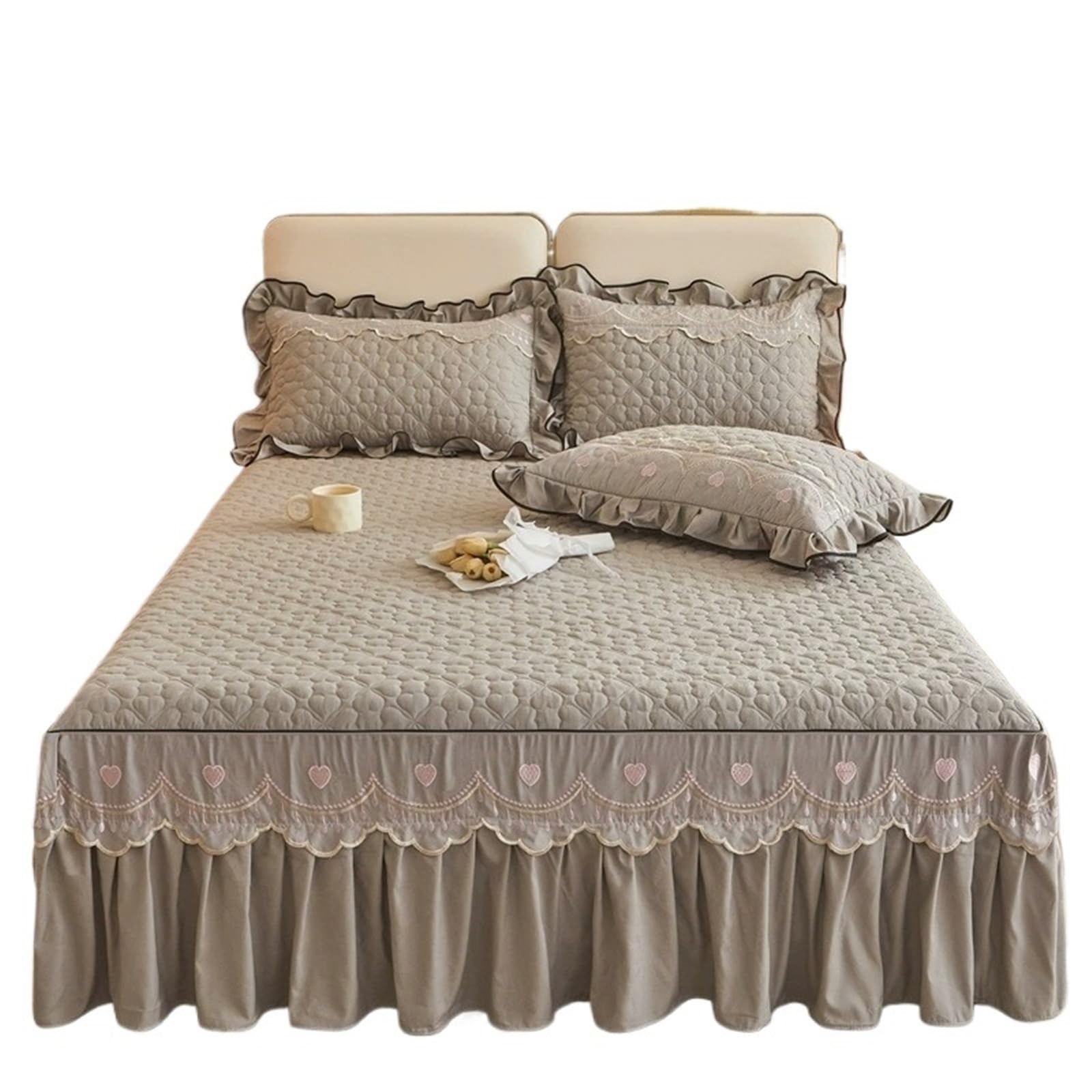Ruffled Bedspread Quilted Bed Skirt Thick Clip Cotton Bedspread Skin-friendly Breathable Mattress Protector With Strap For Bedroom(Light grey,1PC-180x200cm)