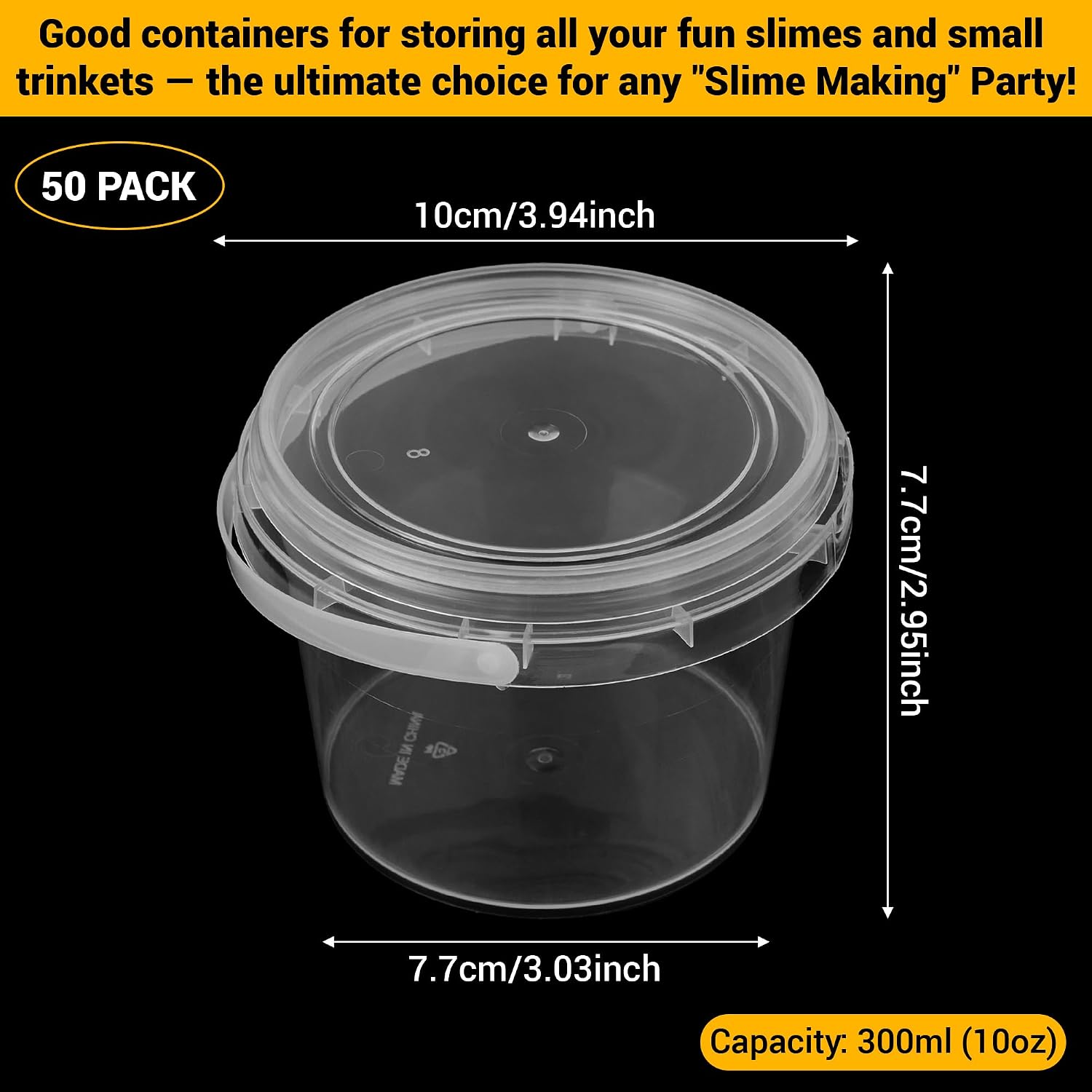 50 Pack 10 oz Slime Containers with Lids, 300ml Clear Plastic Mini Buckets with Lids, Empty Slime Storage Containers for DIY Craft, Playdough, Candy and Small Item Storage