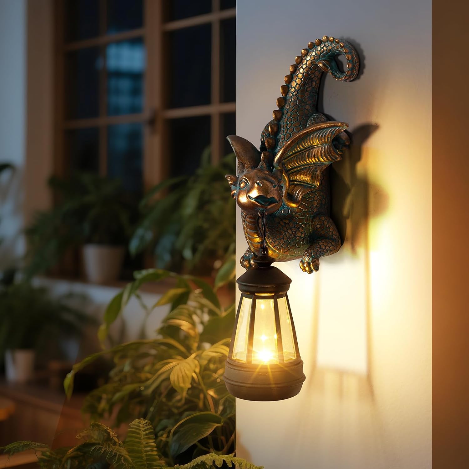 Garden Dragon Statue with Solar Light Outdoor Garden Decor for Outside Porch Patio Wall Tree Fence, Whimsical Yard Art Tree Hugger Decorations Figurine, Housewarming Gifts for Women Men Dragon Lovers