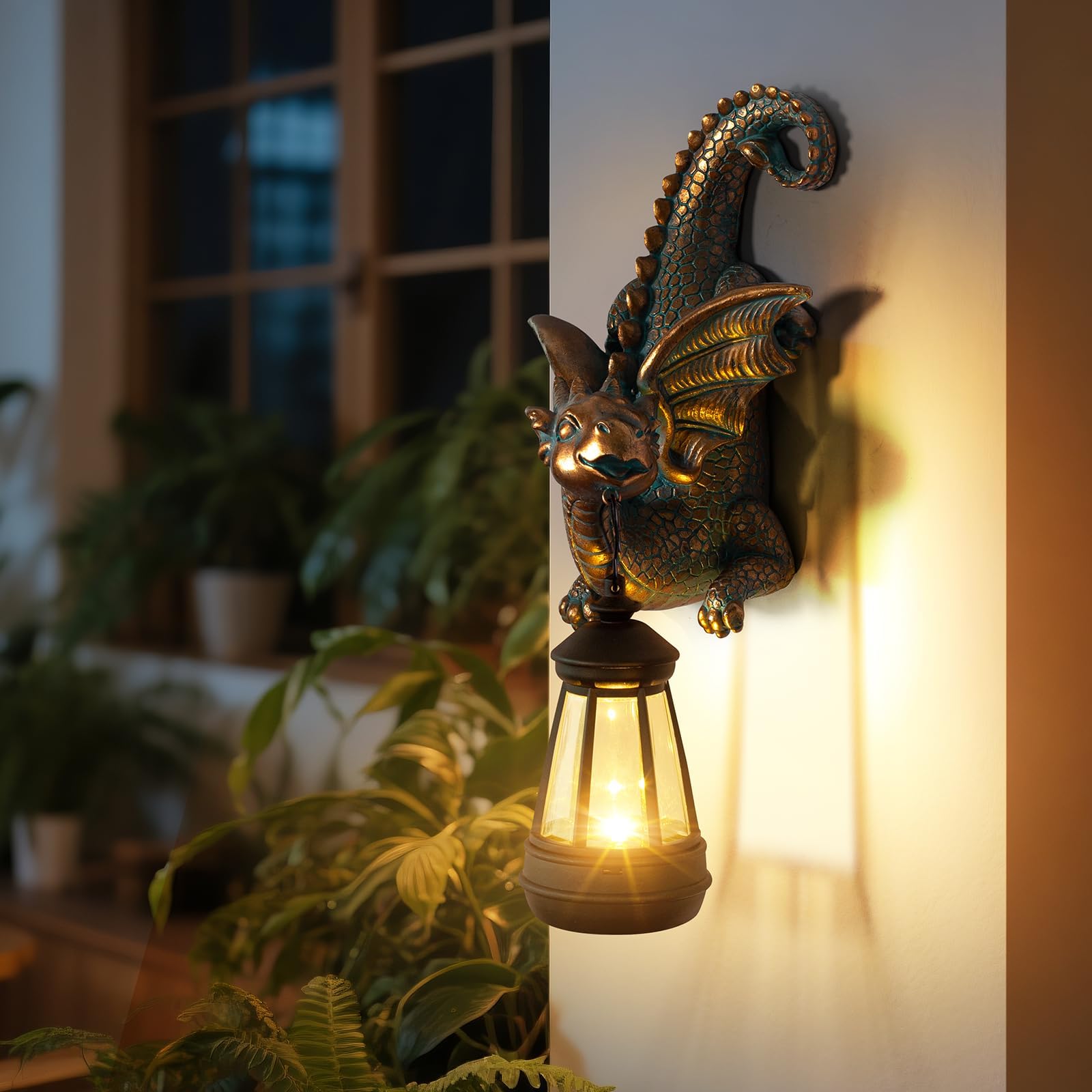 Statua da giardino a forma di drago con luce solare, decorazione da giardino per esterni, portico, patio, parete, albero, recinzione, stravagante, decorazione per albero, regalo di inaugurazione della