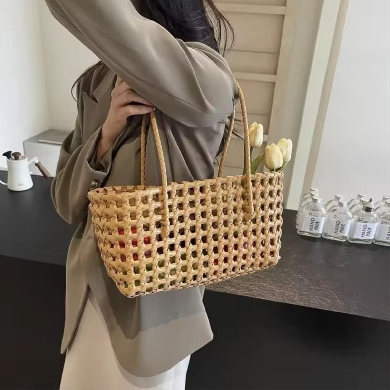 Borsa Spalla Paglia in Tessuto Cavo A Griglia Aperto Retangolo Casual di Spiaggia Estiva Grande capacità-Red