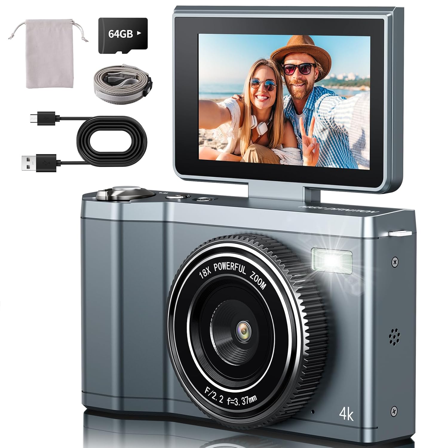 4K Digital Camera for Photography,64MP Vlogging Camera for YouTube with 3″ 180° Flip Screen,18X Digital Zoom Point and Shoot Camara with 64GB Micro SD Card (Gray) 4K Digital Camera for Photography,64MP Vlogging Camera for YouTube with 3″ 180° Flip Screen,18X Digital Zoom Point and Shoot Camara with 64GB Micro SD Card (Gray)