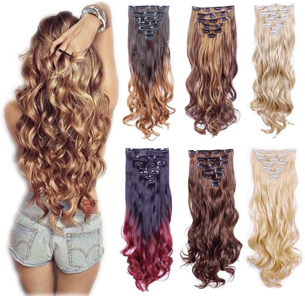 7Pcs 16 Clips 22'' Thick Curly Full Head Curly Wave Clips in on Synthetic Hair Extensions Hair pieces for Women (4H/27 Ginger Brown mix bleach blonde)