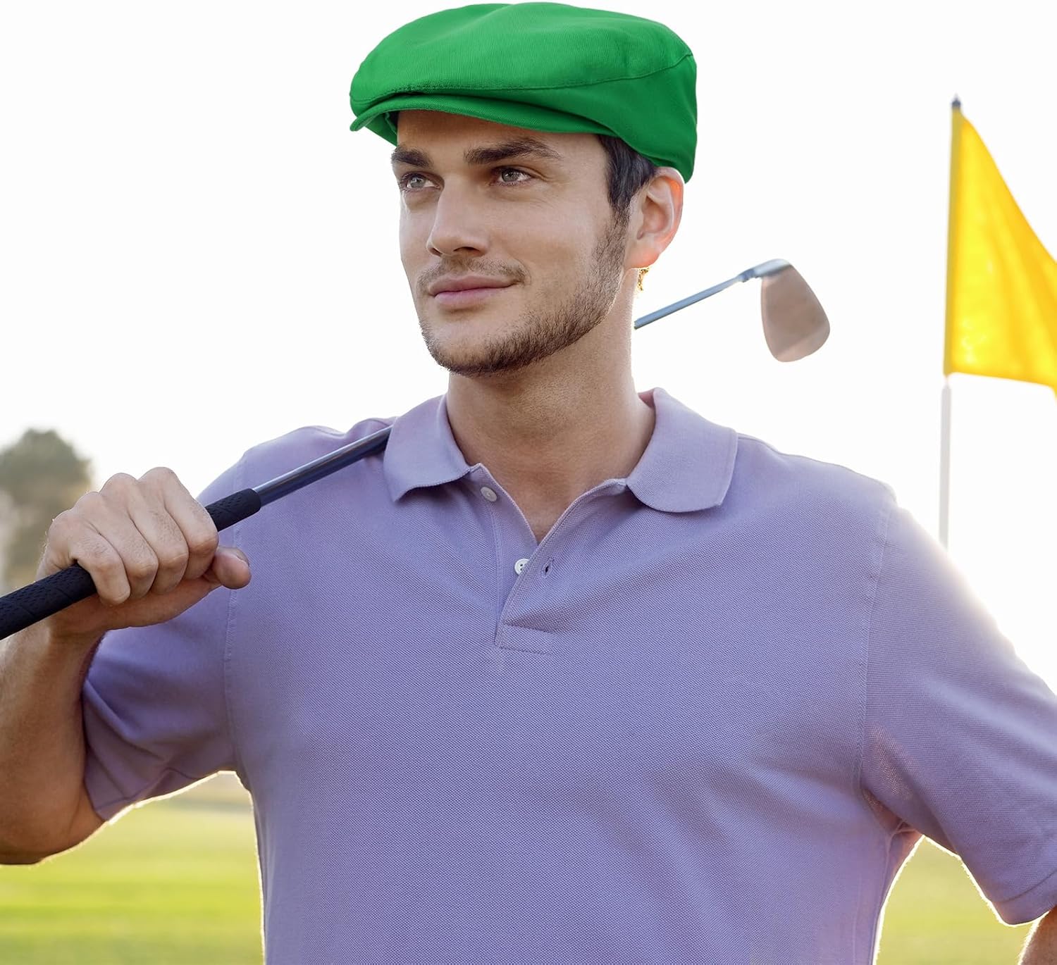 2 Pcs Men Green Golf Socks Newsboy Hat Costume Accessories Golf Knee High Argyle Socks Flat Cap Father's Day Tournament Gift - Image 6