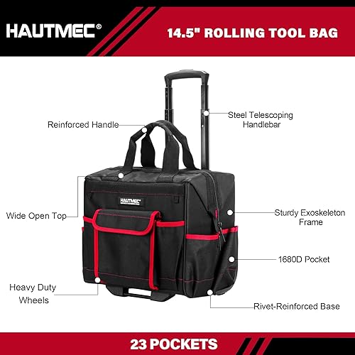 Miniatura 3 de HAUTMEC HT0288 - Juego de 2 bolsas de herramientas con ruedas de alta resistencia, bolsa de herramientas de 14.5 pulgadas sobre ruedas y bolsa de
