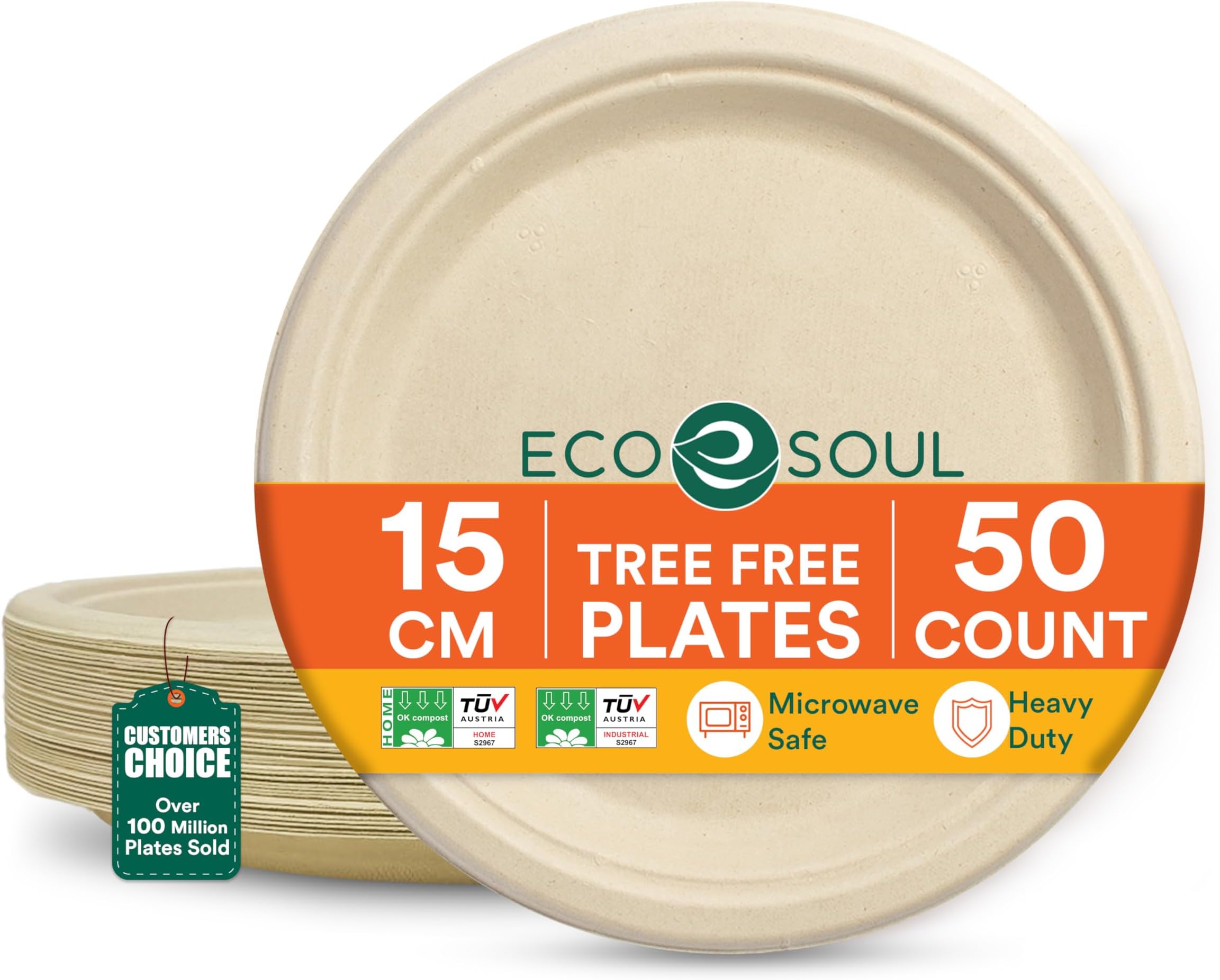 ECO SOUL Small Paper Plate (15Cm) 6 Inch Round [50-Pack] Compostable Heavy Duty Disposable Bagasse Plates | Eco Friendly Biodegradable Plates for Parties & Events