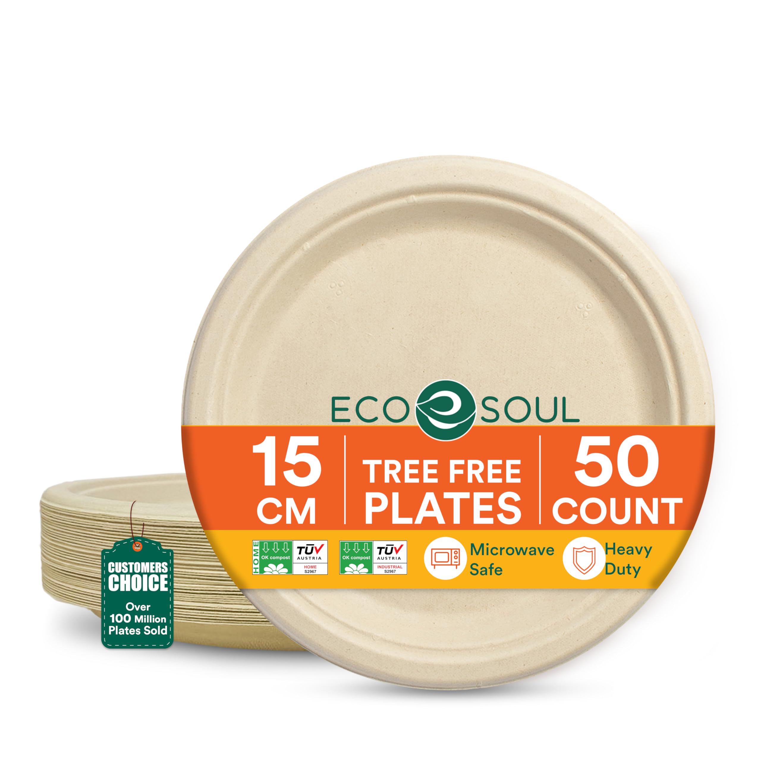 ECO SOUL Mały papierowy talerz (15 cm) 15 cm, okrągły, 50 sztuk, kompostowalne, wytrzymałe, jednorazowe talerze z bagassy, przyjazne dla środowiska, biodegradowalne talerze na imprezy i imprezy
