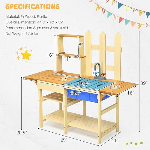 Miniatura 6 de HONEY JOY Juego de cocina de barro para niños, para interiores y exteriores, juguete de simulación de madera con fregadero extraíble, grifo