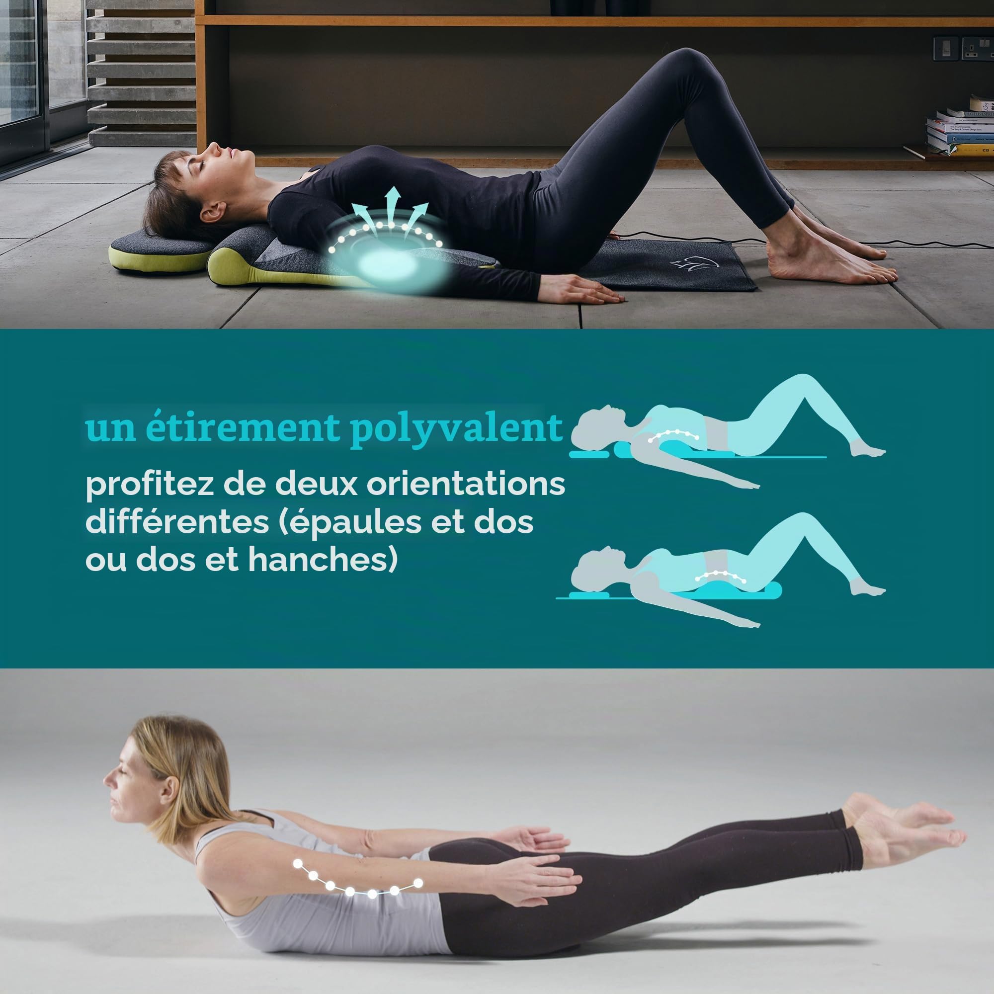 Matelas XS d'Étirement HoMedics – Inspiré par le Yoga, Contrôlable Télécommande, Pré-Programmable Yoga/Étirements Maison, Dos, Épaules, Support des Hanches, Matelas Pliable Oreiller de Support – Gris