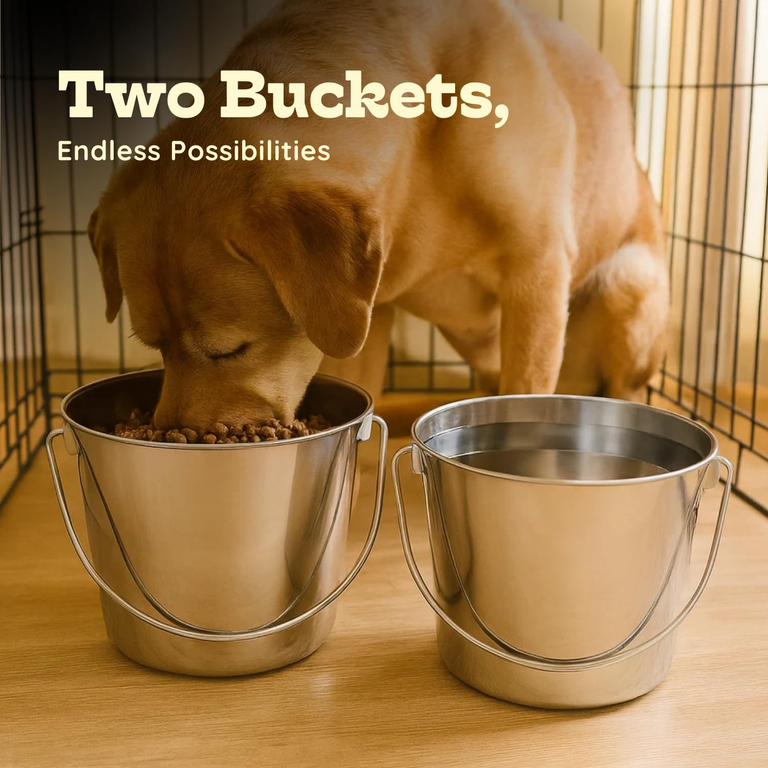 Cubo redondo de acero inoxidable resistente de 9 cuartos con asa, 2 unidades, cuenco resistente para alimentos y agua de 2.25 galones para perros XL, cabras, ovejas, caballos y ganado, se