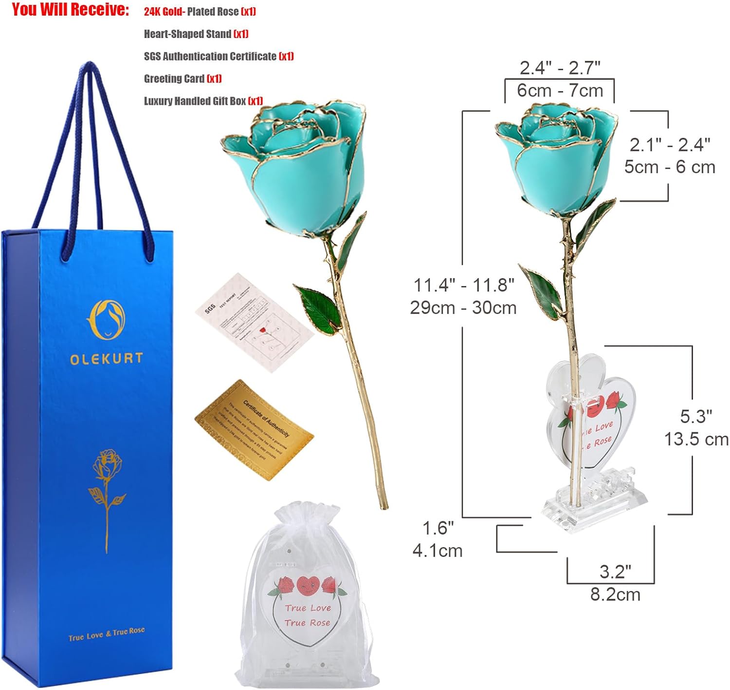 24K Gold Dipped Rose, 11'' High, Real Sky Blue Rose, Anniversary & Valentine's Day Gift for Her, Elegant Decor - Image 6