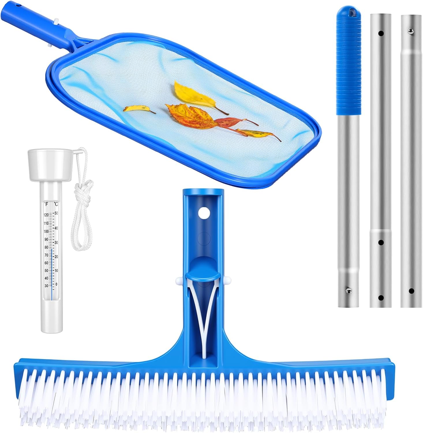 4 Pcs Swimming Pool Cleaning Kit Includes 10'' Pool Brush Head Telescopic Aluminum Pole Fine Mesh Pools Net and Temperature Thermometer Pools Cleaning Equipment(53'' Pole)