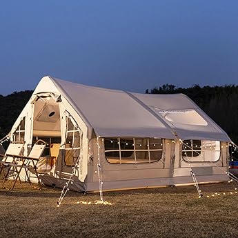 6-8 Person Air Tent Inflatable Camping Family Tent Inflatable Tent House XXL with Chimney Opening 4-Season Waterproof Windproof Large Pop Up Tent with Pump Outdoor Glamping Tent