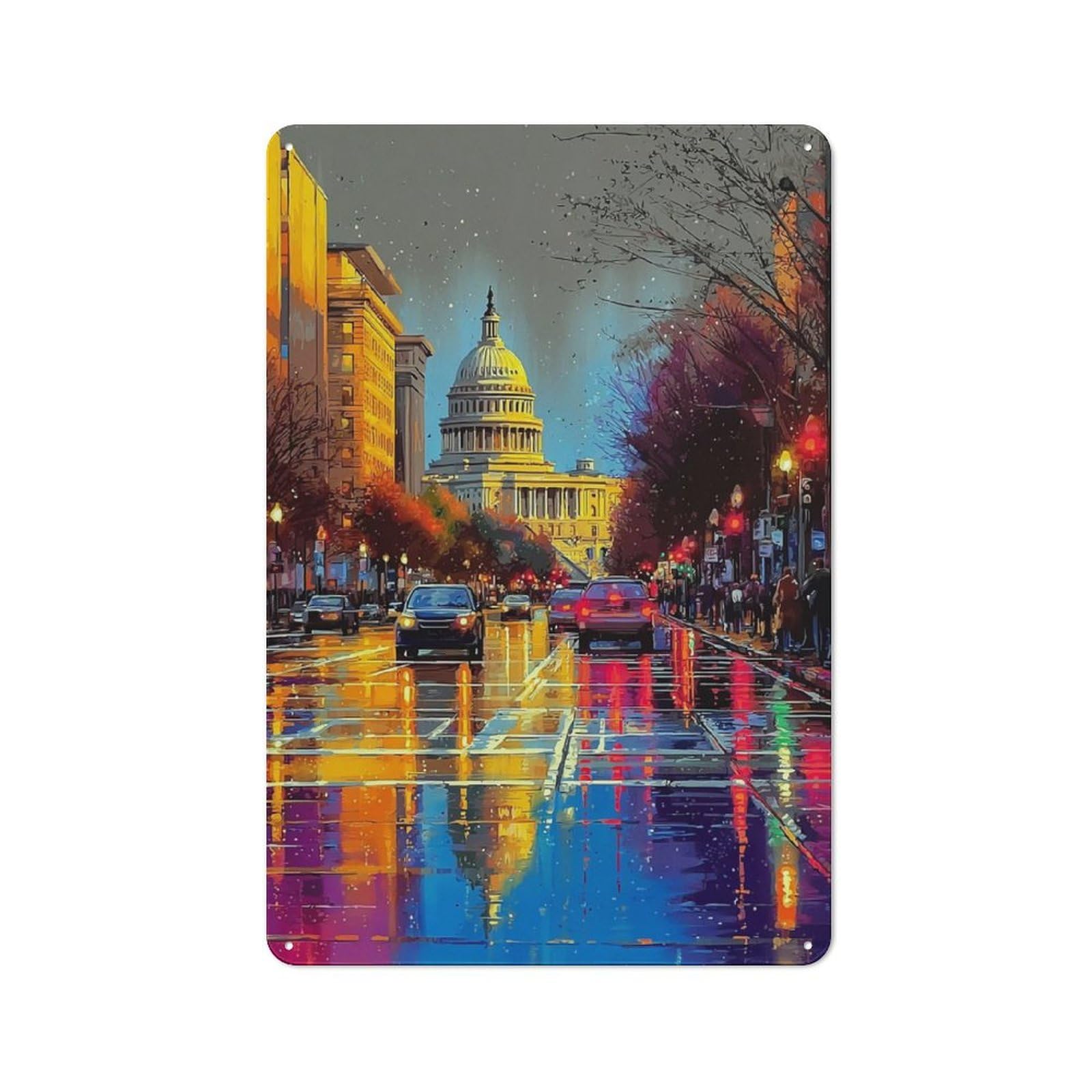 Vintage Rainy Cityscape with Capitol Building -1 Vintage Tin Sign 30x20cm, Cafe Wall Decor for Bakery, Diner, Cafe Or Family Room