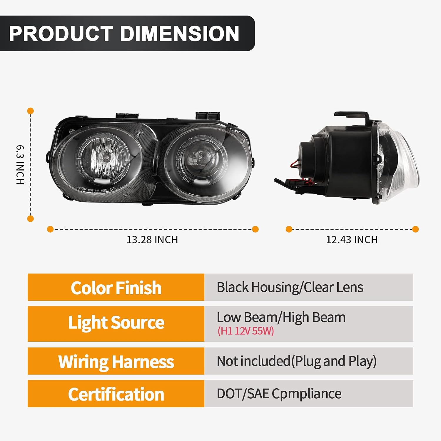 Headlights Fit for 1994-1997 Acura Integra Headlamp (Black/Clear) 2PCS