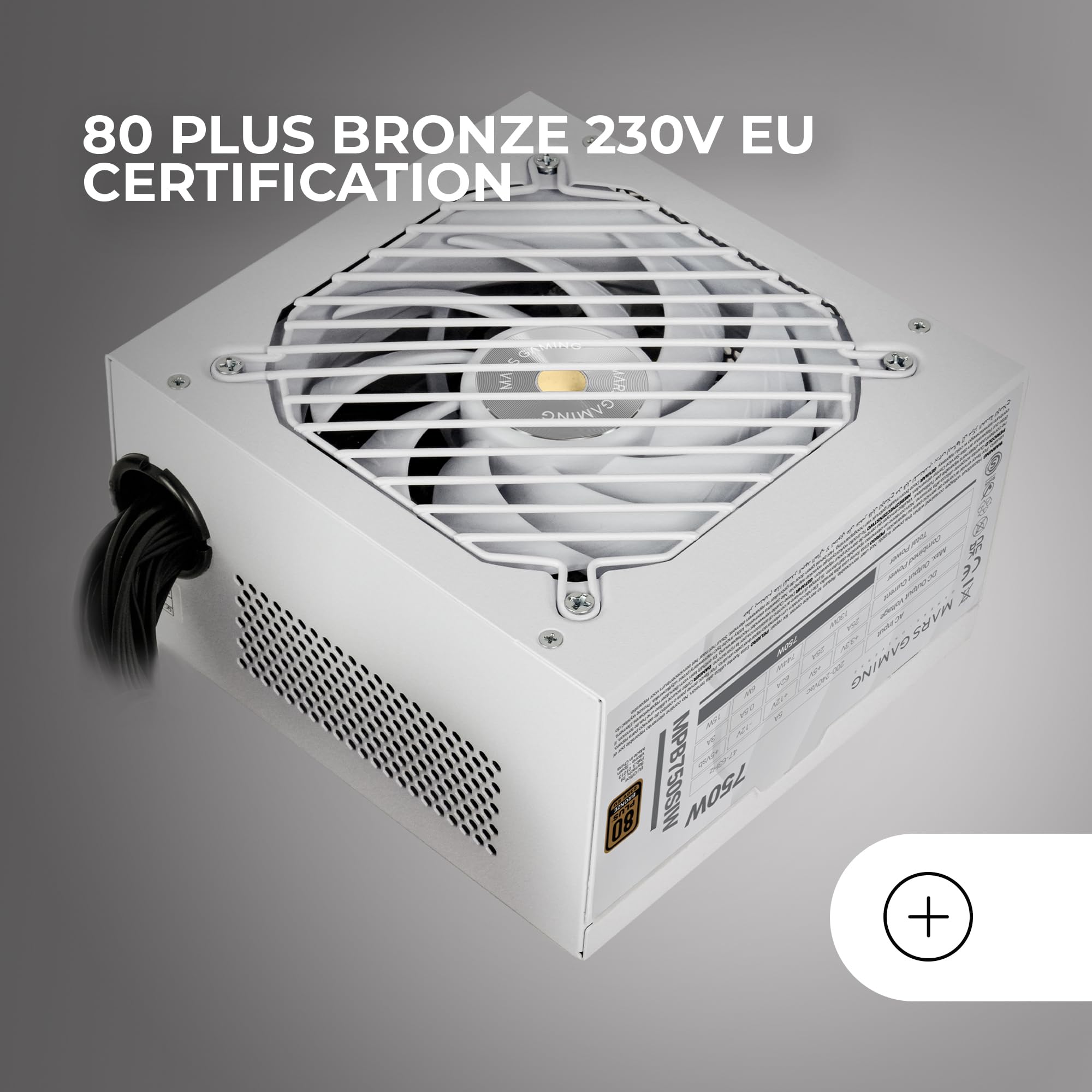 Mars Gaming MPB750SI, Alimentation PC ATX 750W, Garantie 7 Ans, 80Plus Bronze 230V, 90% d'Efficacité, Ventilateur SI Extreme Silence avec Noyau en Cuivre, Technologies AI2-RPM, DC-DC et SMD, Blanc