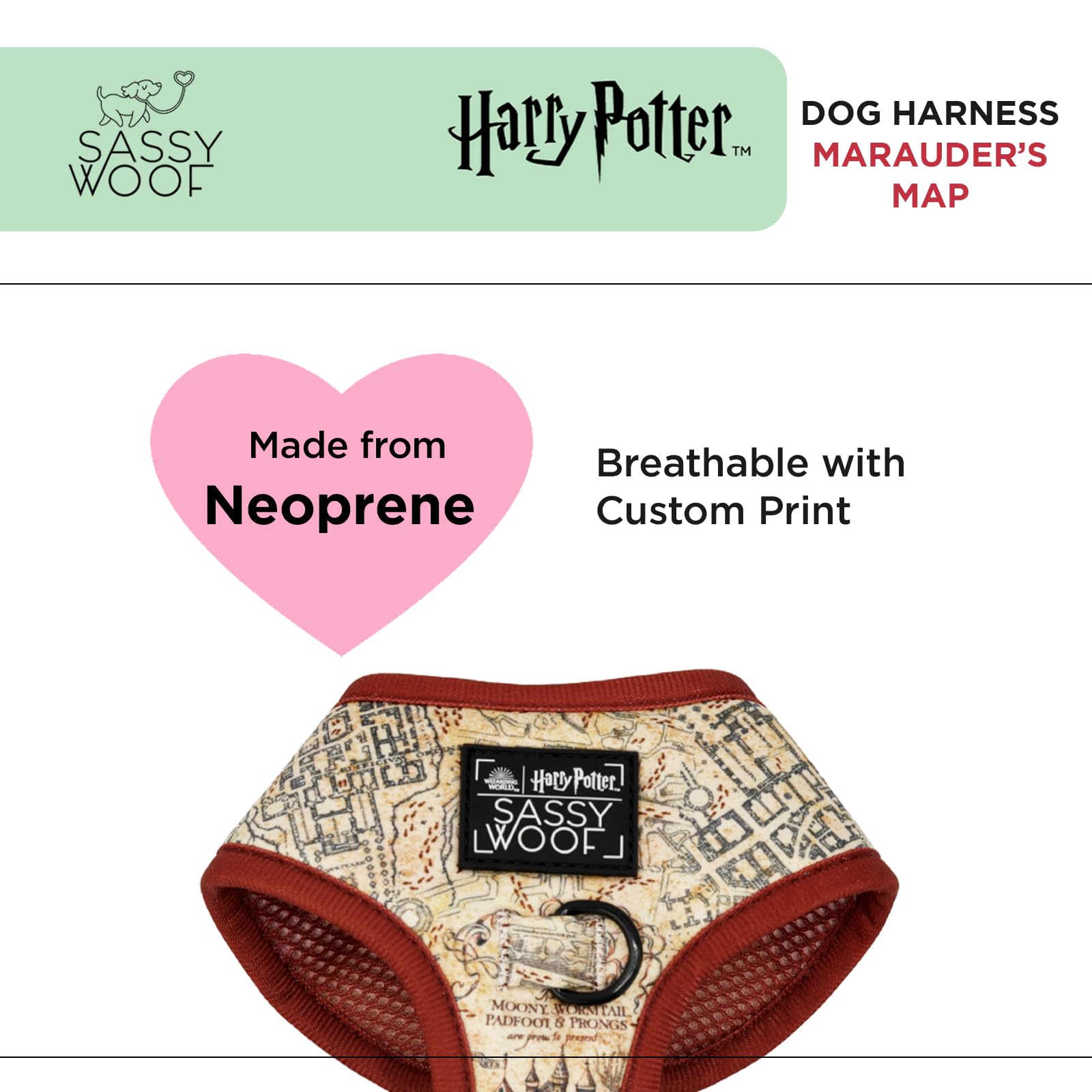 Sassy Woof Arnés Ajustable para Perro, Harry Potter™ Marauder's Map™, XS, Malla Transpirable, diseño sin tirones con Dos Anillos en D, Perros pequeños y Cachorros, con Licencia Oficial
