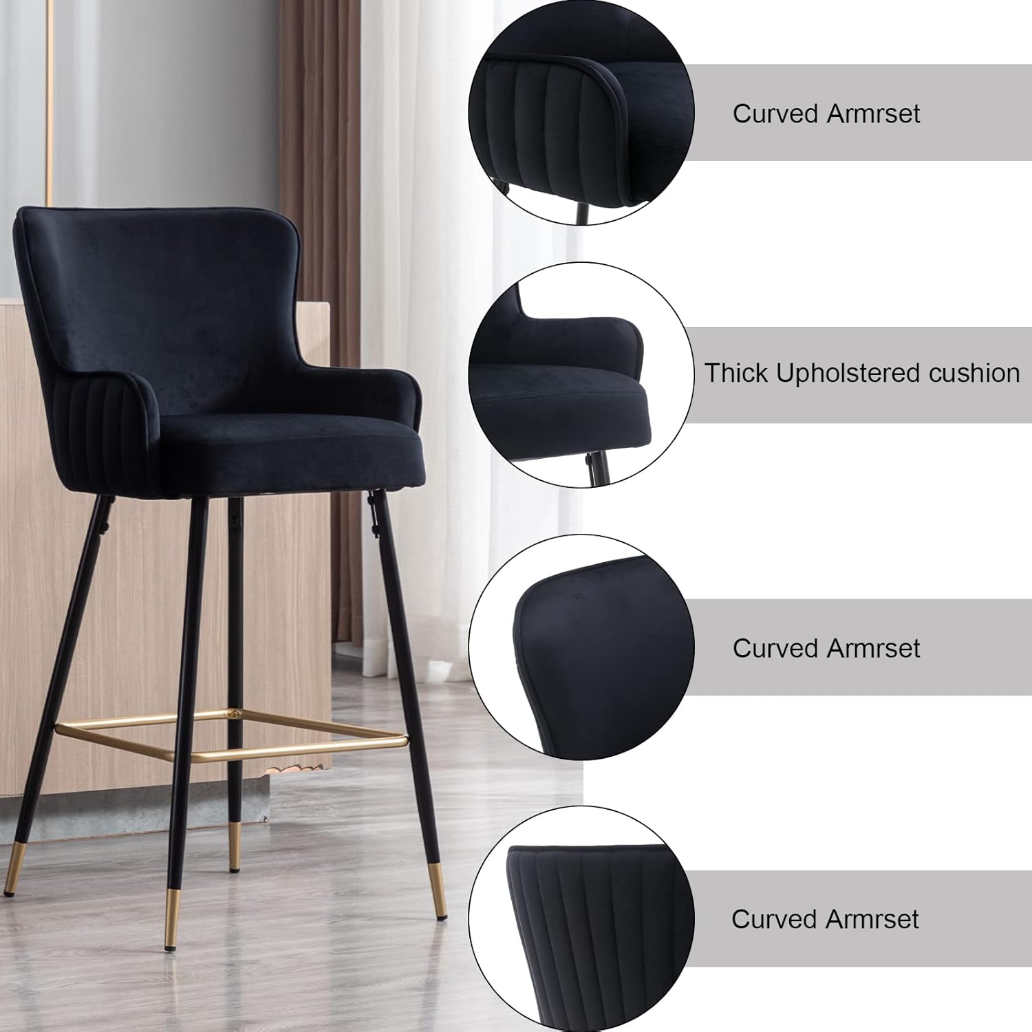 30Inch Black Velvet Bar Stools Set of 6, Upholstered Gold Bar Stools with Wing Back, Modern Kitchen Island Bar stools with Footrest High Dining Chairs for Kitchen Island Dining Room Home Pub