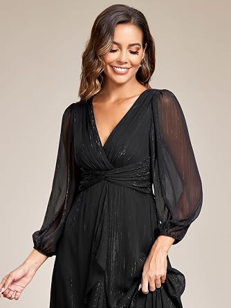 Ever-Pretty Women's Elegant Formal Evening Dress A-Line Ruched V-Neck Long Sleeves Tea-Length Wedding Guest Dresses