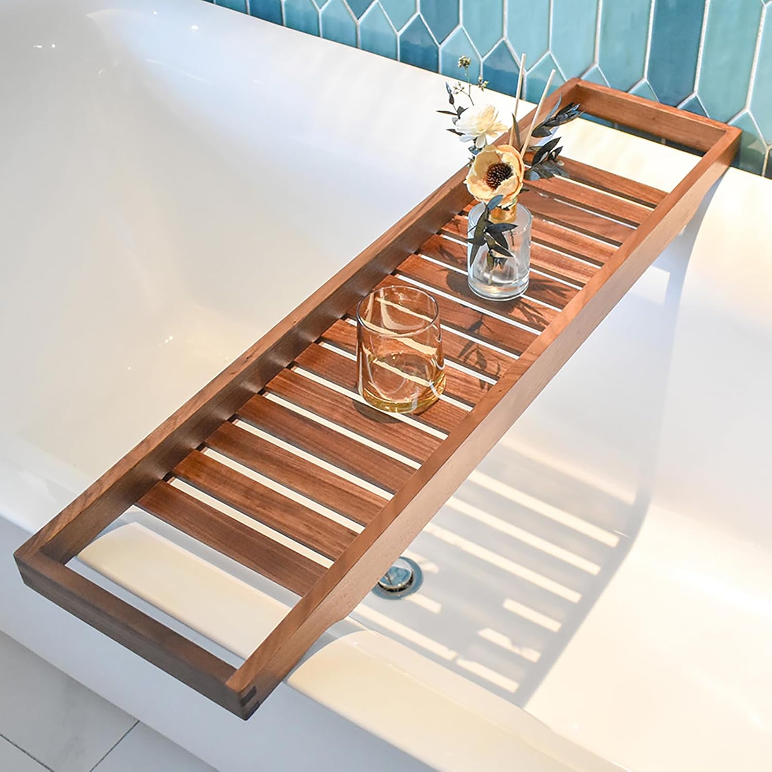 Wood Bathtub Tray Caddy,Walnut Bath Tray for Tub,Large Bath Table Tray,Bath Board,Long Slatted Bathtub Holder,Versatile Shelf, Bath Accessories, Spa Gift for Women(86x22cm(34x9inch), Walnut)
