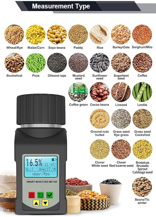 Smart Grain Moisture Tester,5-in-1 Portable Grain Moisture Meter,25 Grains, Portable Grain Moisture Meter with Digital Display Voice Broadcast Data Hold,for Wheat Bean Peanut Moisture Detector
