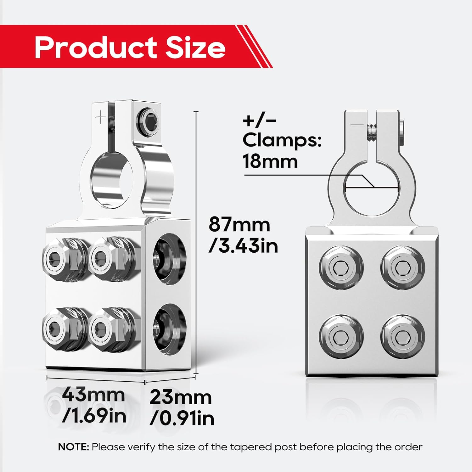 TOPDC 8-Way Lead Acid Battery Terminal Connector, Battery Cable Ends 8AWG up to 4/0(XL) AWG, Positive and Negative (+/-)(Pair) for SAE/DIN/EN Tapered Top Post (Pack of 2)