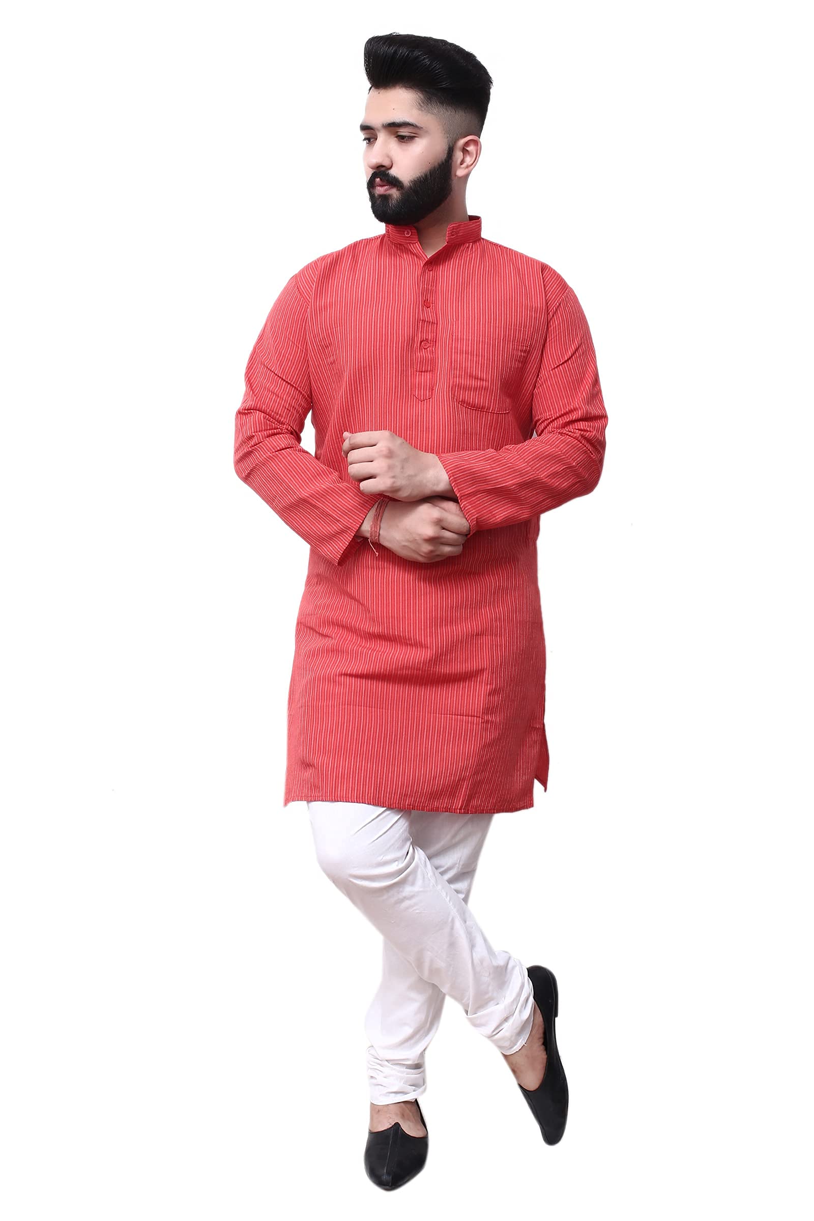 BIBO Handloom Khadi Cotton RED Color Traditional Men's Full Sleeve Long Kurta with Stripes Design Regular Fit and Round Collar XL