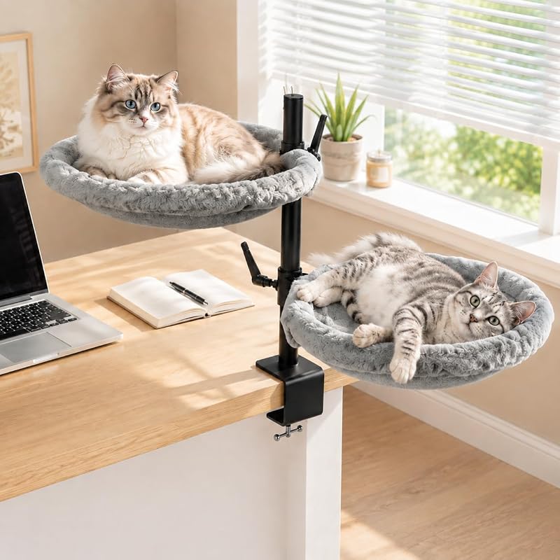 Cama suspensa dupla para gatos com 2 níveis, altura ajustável e rotação de 360° Unidevice – Cinza