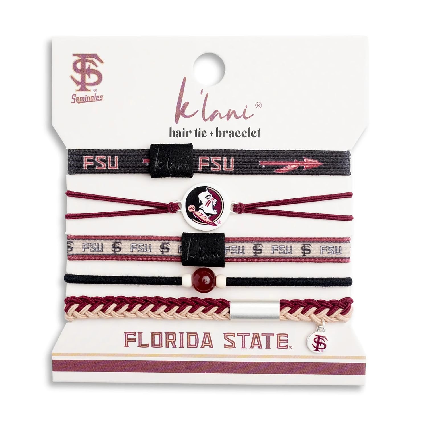 K'lani College Game Day Hair Tie Bracelets - Florida State - 5 Pack - Small | No-crease elastic hair ties double as team-color bracelets; gift for birthdays & game day
