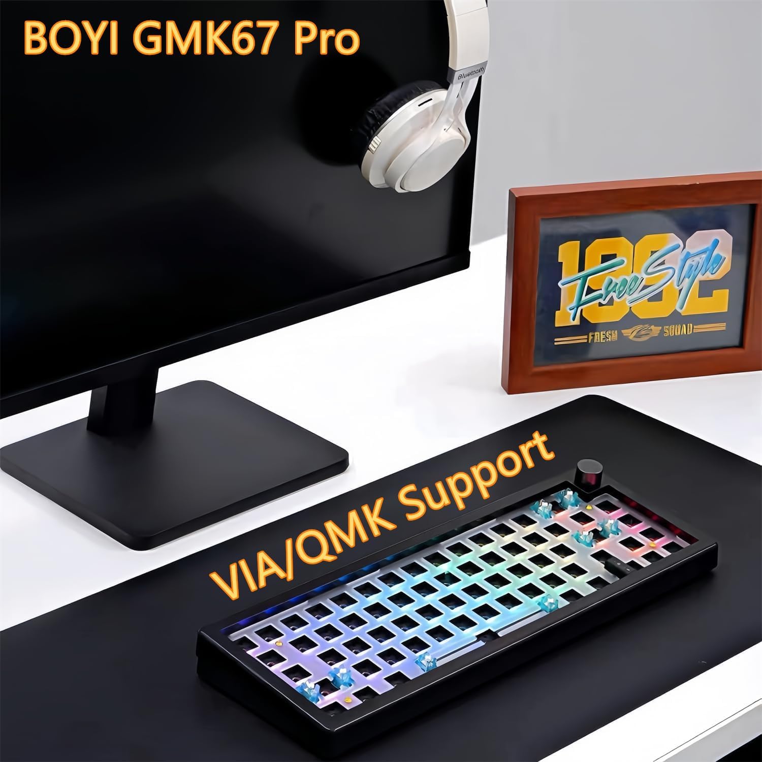 BOYI GMK67Pro Keyboard Barebones Kit,QMK/VIA Programmable BT5.0/2.4G/Type-C Tri-Mode Wireless RGB Gasket Mounted 65% Mini Custom RGB Mechanical Keyboard with Knob DIY Kit(Black)