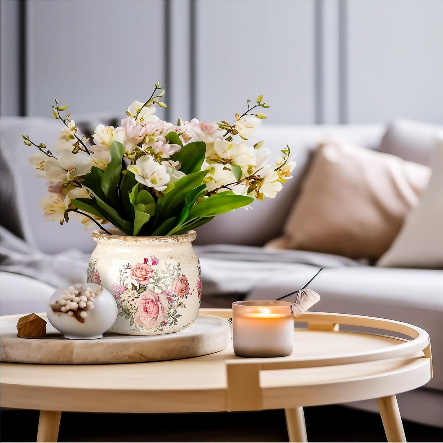 Vintage Planter Large Ceramic Plants Pot Beige Pink European Rose Ice Crack Cottage Scroll Vase Flower Vase Pot Indoor Plants Home Kitchen Decor Farmhouse Antique Decorative Gifts