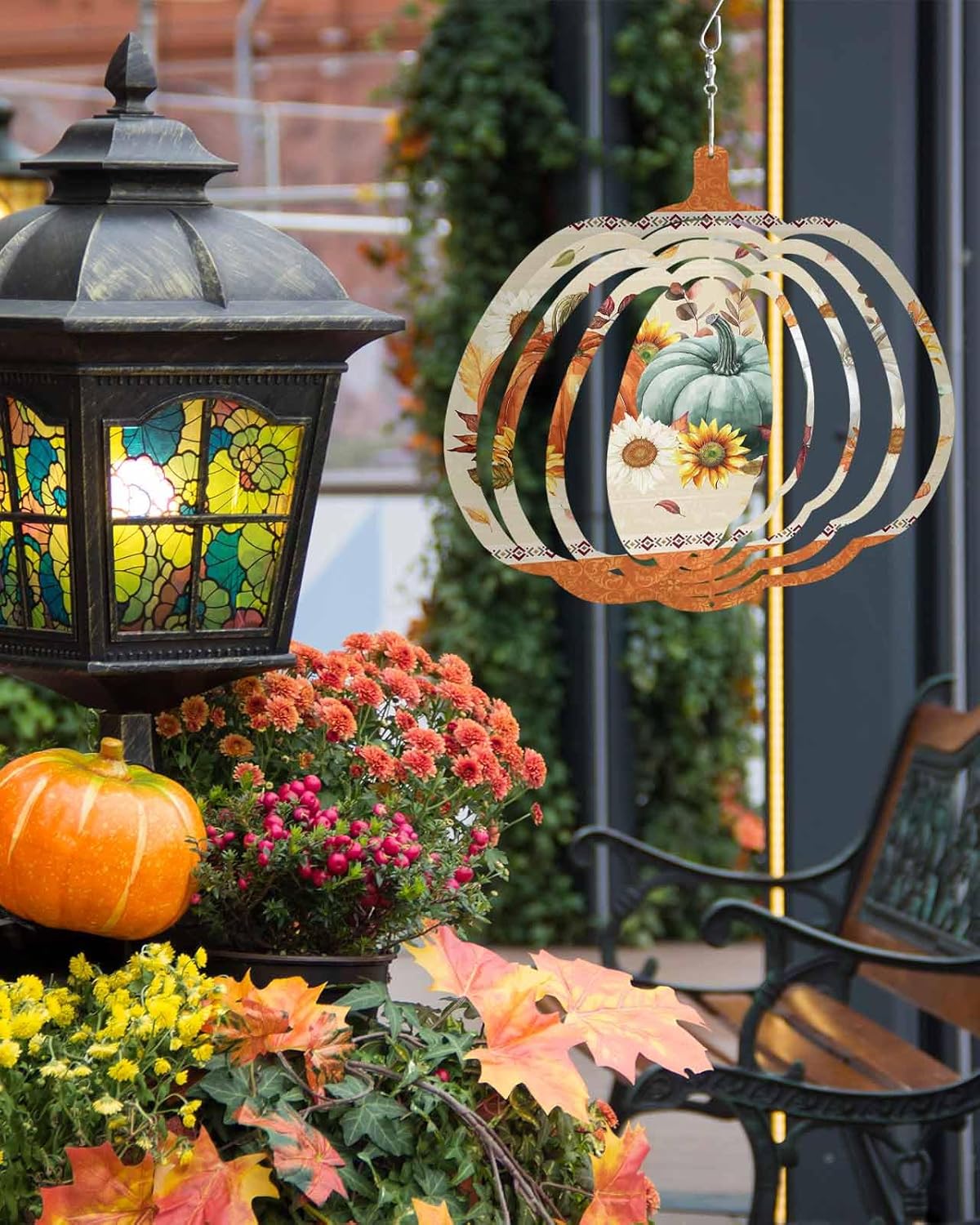 Fall Wind Spinners for Yard and Garden Boho Pumpkin Leaves Wind Spinner Autumn Sunflower Floral 3D Metal Stainless Steel Pumpkin Wind Sculptures Chimes Outdoor Patio Thanksgiving Hanging Decor 10 Inch