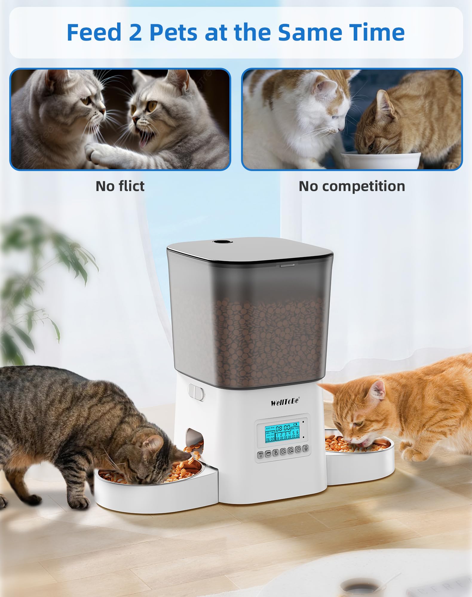 Comedero Automático para Gatos 3.5L - Dispensador de Comida Programable (1-6 Comidas/día) con 2 Tazones, Grabación de Voz 10s y Doble Alimentación (Eléctrico/Pilas)