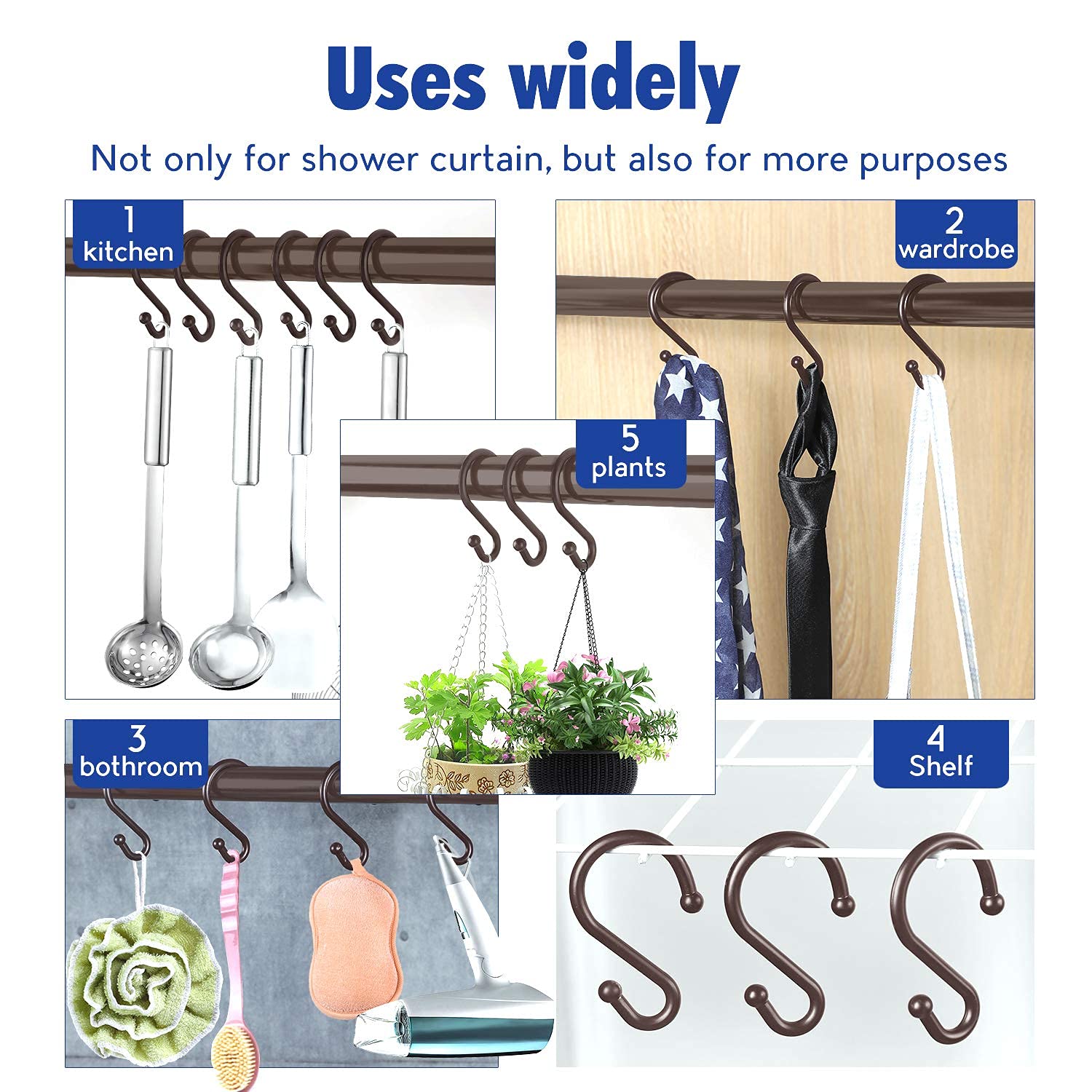 Metalen douchegordijnhaken, set van 12 ringen, roestbestendige S-vormige haken hangers voor douchegordijnen, keukengerei, kleding, handdoeken, enz. (brons