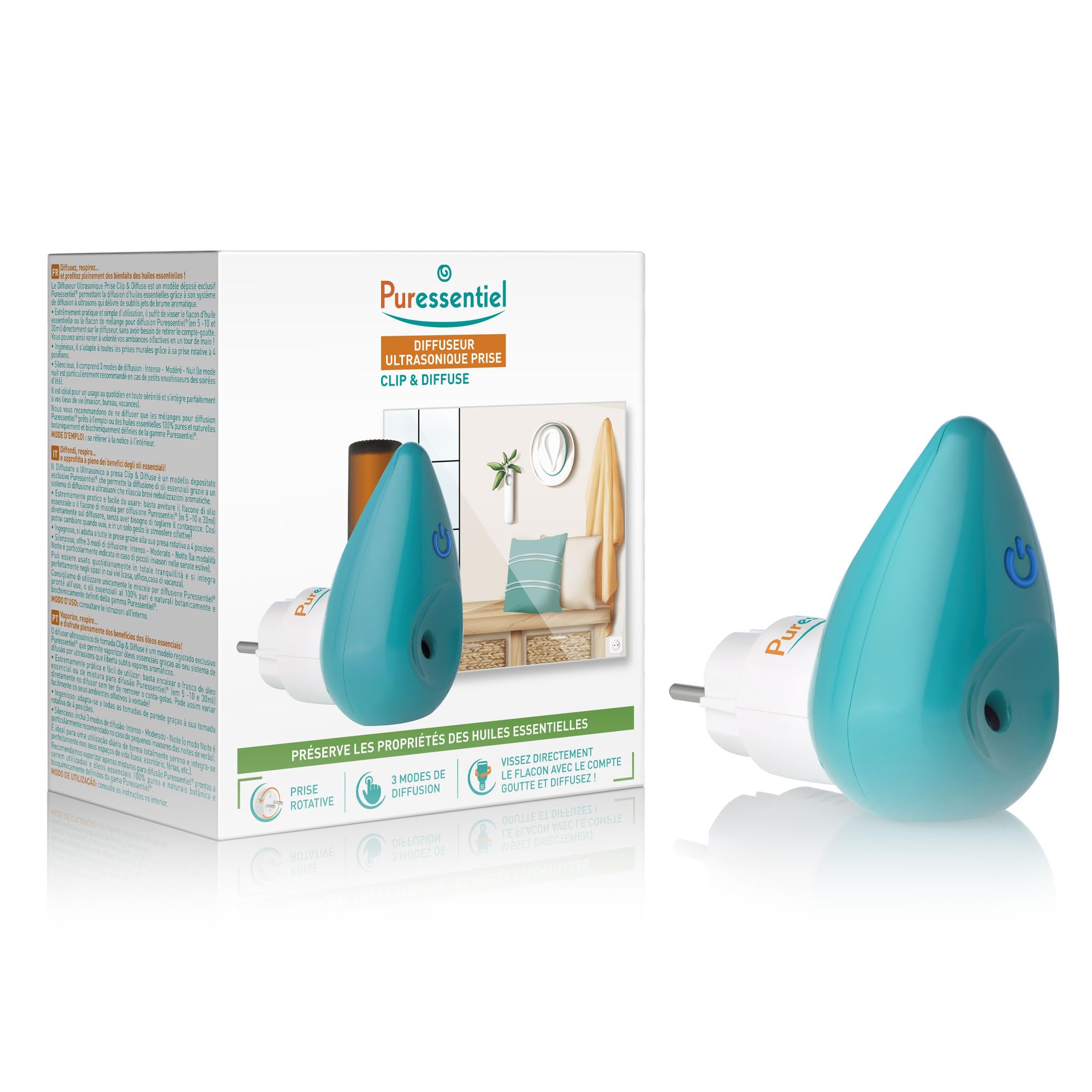 Puressentiel - Diffuseur d'huiles essentielles à ultrasons - Clip et diffuseur - Diffuseur d'aromathérapie Rotatif et à poignée silencieuse - sans Eau, LED,​Blanc et Bleu