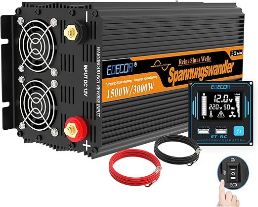 Inversor Onda Pura 1500w  12v 220v con Mando a Distancia, USB y Pantalla LCD (3ª Generacion)