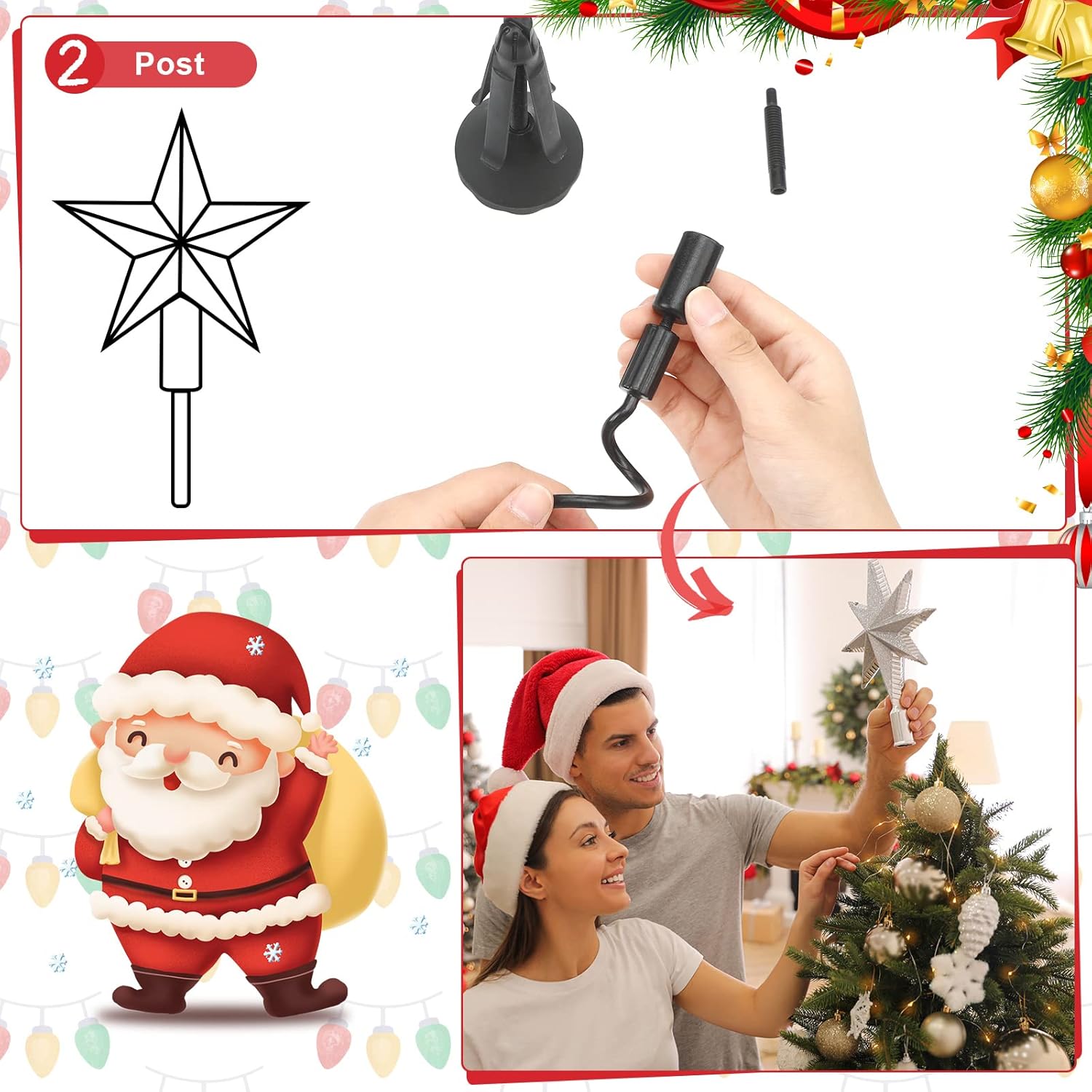 Christmas Tree Topper Holder Twist on Universal Stabilizer Floral Xmas Tree Topper Adapter Plastic Support with Adjustable Attachment(Black) - Image 3