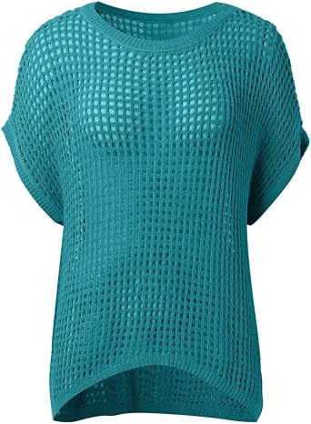 JiXiang Beach Sweaters for Women Summer Scoop Neck Short Sleeve Casual Shirts Crochet Hollow Out Knit Tops Pullover Coverup