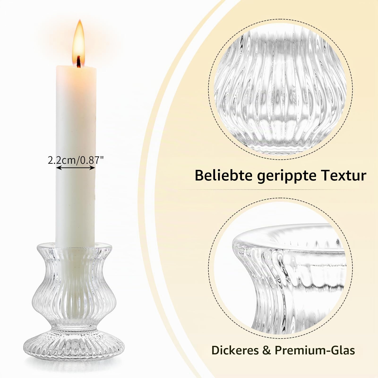 Romadedi Glas Kerzenständer für Stabkerzen, 20er-Pack, Klar | Geriffeltes Glas; Kleine Kerzenhalter; Für Hochzeit, Tischdeko, Advent, Weihnachten, Party und Wohnzimmer