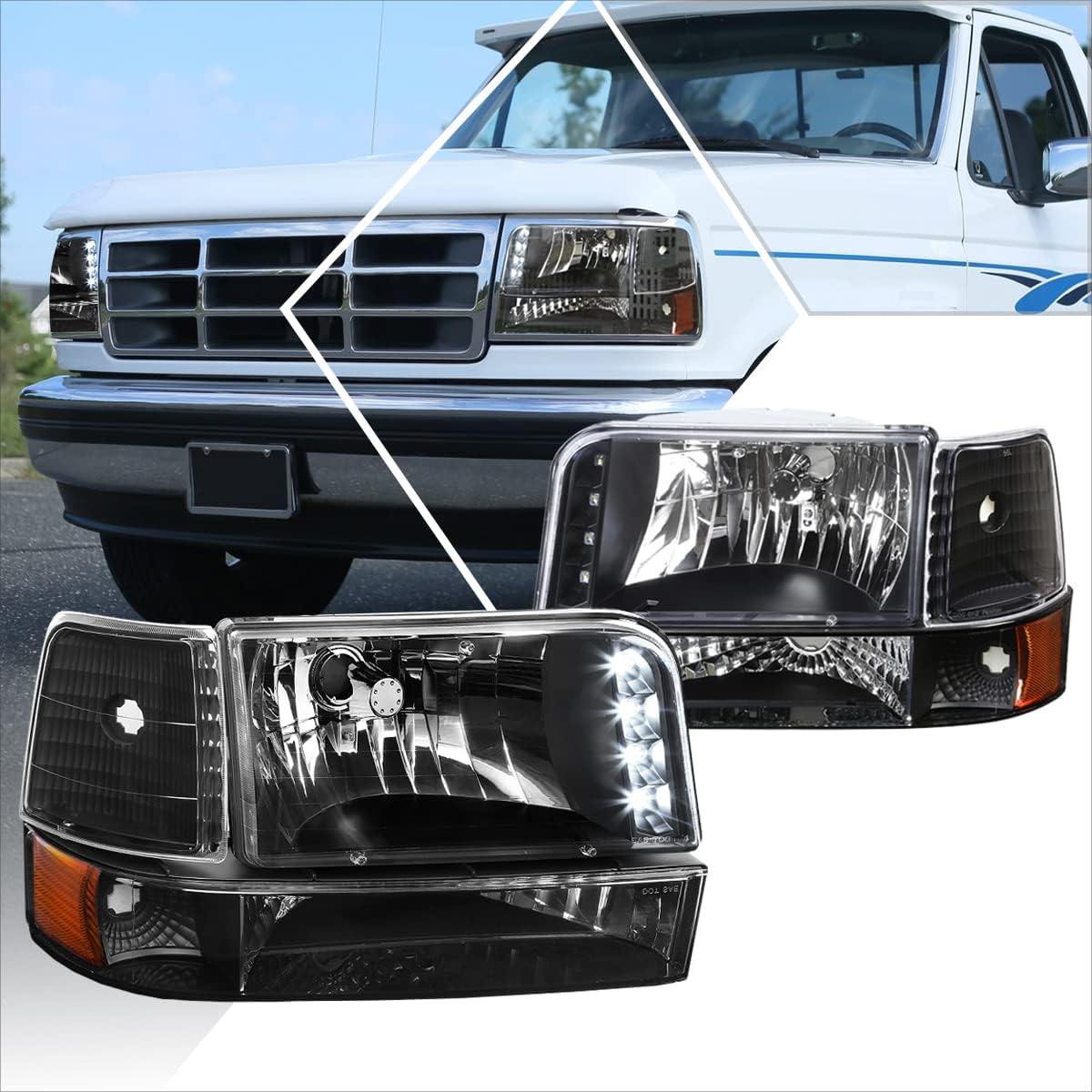 [6Pcs] LED DRL Headlights Assembly Compatible with 92-96 Ford F150-F350/Bronco,Black Housing Clear Corner